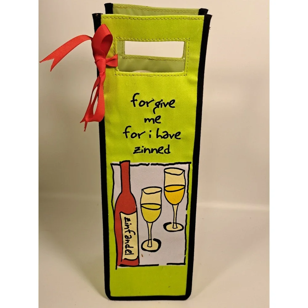 Green Canvas Wine Bottle Gift Bag Forgive Me For I Have Zinned Graphic Pun